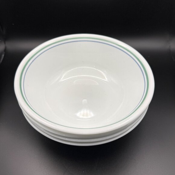 Corelle Vitrelle Country Cottage 4 White Cereal Bowls 6.25” Blue Green Striped - Picture 3 of 7